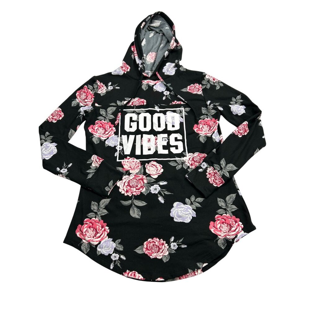 Good Vibes Floral Print Hoodie Sweatshirt Black Pink Roses Womens M Infinite Per - Picture 4 of 9